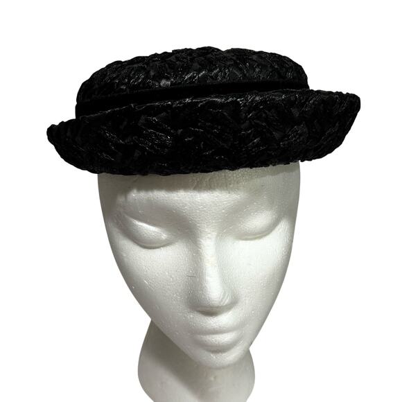 Vintage black straw pillbox hat by Winkelman’s velvet hatband upturned brim main image 5